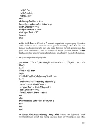 114
table3.First;
table3.Delete;
table3.Next ;
end;
ekdbarang.Enabled := true;
form13.ActiveControl := ekdbarang;
ecash.Enabled := true;
bsimpan.Enabled := true;
etotbayar.Text :='0';
kosong;
end;
while table3.RecordCount > 0 merupakan perintah program yang digunakan
untuk membaca tabel sementara apakah jumlah recordnya lebih dari satu atau
kurang, jika kondisinya lebih dari satu maka dilakukan perintah penghapusan data
pada tabel semtransaksi. Hal ini ditunjukan dengan perintah table3.Delete;
keadaan ini akan terus berulang selama kondisi jumlah record masih lebih dari satu.
Program Pengisian data penjualan
procedure TForm13.ekdbarangKeyPress(Sender: TObject; var Key:
Char);
begin
if key = #13 then
begin
if table2.FindKey([ekdbarang.Text]) then
begin
enmbarang.Text := table2['nmbarang'];
estok.Text := table2['stok'];
ehrgjual.Text := table2['hrgjual'];
ebeli.Enabled := true;
form13.ActiveControl := ebeli;
end
else
showmessage('Data tidak ditemukan');
exit;
end;
end;
if table2.FindKey([ekdbarang.Text]) then kondisi ini digunakan untuk
membaca kondisi apakah data barang yang ada dalam tabel barang ada atau tidak.
 