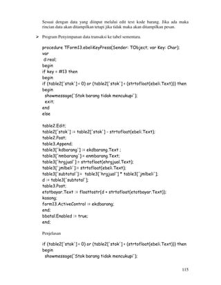 115
Sesuai dengan data yang diinput melalui edit text kode barang. Jika ada maka
rincian data akan ditampilkan tetapi jika tidak maka akan ditampilkan pesan.
Program Penyimpanan data transaksi ke tabel sementara.
procedure TForm13.ebeliKeyPress(Sender: TObject; var Key: Char);
var
d:real;
begin
if key = #13 then
begin
if (table2['stok'] < 0) or (table2['stok'] < (strtofloat(ebeli.Text))) then
begin
showmessage('Stok barang tidak mencukupi');
exit;
end
else
table2.Edit;
table2['stok'] := table2['stok'] - strtofloat(ebeli.Text);
table2.Post;
table3.Append;
table3['kdbarang'] := ekdbarang.Text ;
table3['nmbarang']:= enmbarang.Text;
table3['hrgjual']:= strtofloat(ehrgjual.Text);
table3['jmlbeli']:= strtofloat(ebeli.Text);
table3['subtotal']:= table3['hrgjual'] * table3['jmlbeli'];
d := table3['subtotal'];
table3.Post;
etotbayar.Text := floattostr(d + strtofloat(etotbayar.Text));
kosong;
form13.ActiveControl := ekdbarang;
end;
bbatal.Enabled := true;
end;
Penjelasan
if (table2['stok'] < 0) or (table2['stok'] < (strtofloat(ebeli.Text))) then
begin
showmessage('Stok barang tidak mencukupi');
 