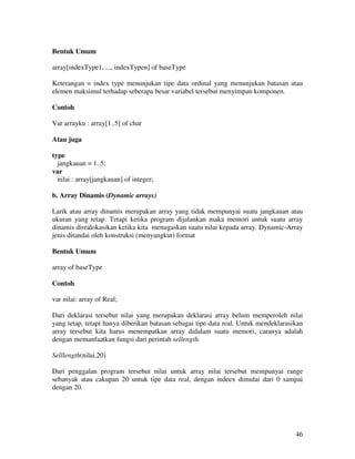 46
Bentuk Umum
array[indexType1, ..., indexTypen] of baseType
Keterangan = index type menunjukan tipe data ordinal yang menunjukan batasan atau
elemen maksimul terhadap seberapa besar variabel tersebut menyimpan komponen.
Contoh
Var arrayku : array[1..5] of char
Atau juga
type
jangkauan = 1..5;
var
nilai : array[jangkauan] of integer;
b. Array Dinamis (Dynamic arrays)
Larik atau array dinamis merupakan array yang tidak mempunyai suatu jangkauan atau
ukuran yang tetap. Tetapi ketika program dijalankan maka memori untuk suatu array
dinamis direalokasikan ketika kita menugaskan suatu nilai kepada array. Dynamic-Array
jenis ditandai oleh konstruksi (menyangkut) format
Bentuk Umum
array of baseType
Contoh
var nilai: array of Real;
Dari deklarasi tersebut nilai yang merupakan deklarasi array belum memperoleh nilai
yang tetap, tetapi hanya diberikan batasan sebagai tipe data real. Untuk mendeklarasikan
array tersebut kita harus menempatkan array didalam suatu memori, caranya adalah
dengan memanfaatkan fungsi dari perintah sellength.
Selllength(nilai,20)
Dari penggalan program tersebut nilai untuk array nilai tersebut mempunyai range
sebanyak atau cakupan 20 untuk tipe data real, dengan indeex dimulai dari 0 sampai
dengan 20.
 