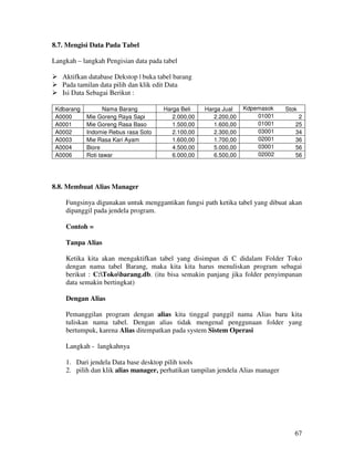 67
8.7. Mengisi Data Pada Tabel
Langkah – langkah Pengisian data pada tabel
Aktifkan database Dekstop | buka tabel barang
Pada tamilan data pilih dan klik edit Data
Isi Data Sebagai Berikut :
Kdbarang Nama Barang Harga Beli Harga Jual Kdpemasok Stok
A0000 Mie Goreng Raya Sapi 2.000,00 2.200,00 01001 2
A0001 Mie Goreng Rasa Baso 1.500,00 1.600,00 01001 25
A0002 Indomie Rebus rasa Soto 2.100,00 2.300,00 03001 34
A0003 Mie Rasa Kari Ayam 1.600,00 1.700,00 02001 36
A0004 Biore 4.500,00 5.000,00 03001 56
A0006 Roti tawar 6.000,00 6.500,00 02002 56
8.8. Membuat Alias Manager
Fungsinya digunakan untuk menggantikan fungsi path ketika tabel yang dibuat akan
dipanggil pada jendela program.
Contoh =
Tanpa Alias
Ketika kita akan mengaktifkan tabel yang disimpan di C didalam Folder Toko
dengan nama tabel Barang, maka kita kita harus menuliskan program sebagai
berikut : C:Tokobarang.db. (itu bisa semakin panjang jika folder penyimpanan
data semakin bertingkat)
Dengan Alias
Pemanggilan program dengan alias kita tinggal panggil nama Alias baru kita
tuliskan nama tabel. Dengan alias tidak mengenal penggunaan folder yang
bertumpuk, karena Alias ditempatkan pada system Sistem Operasi
Langkah - langkahnya
1. Dari jendela Data base desktop pilih tools
2. pilih dan klik alias manager, perhatikan tampilan jendela Alias manager
 