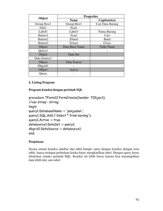 92
Properties
Object
Name Caption/text
Group Box1 Group Box1 Cari Data Barang
Edit1 Ecari -
Label1 Label1 Nama Barang
Button1 Ecari Cari
Button2 Ebatal Batal
Button3 Eclose Close
Object Data Base Name Table Name
Query1 - -
Object Data Set
Data Source1 -
Object Data Source
Dbgrid1 -
Object Active
Query -
4. Listing Program
Program koneksi dengan perintah SQl.
procedure TForm12.FormCreate(Sender: TObject);
//var strsql : string;
begin
query1.DatabaseName := 'penjualan';
query1.SQL.Add ('Select * from barang');
query1.Active := true;
datasource1.DataSet := query1;
dbgrid1.DataSource := datasource1;
end;
Penjelasan
Secara umum koneksi databse dan tabel hampir sama dengan koneksi dengan icon
table, hanya terdapat perbedaan ketika harus mengkatifkan tabel. Dengan query harus
dituliskan sintaks perintah SQL. Kondisi ini lebih luwes karena bisa menampilkan
data lebih dari satu tabel.
 