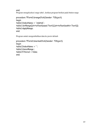 97
end;
Program mengeksekusi range tabel , ketikan program berikut pada button range
procedure TForm3.brangeClick(Sender: TObject);
begin
table1.IndexName := 'indstok';
table1.SetRange([strtofloat(eawal.Text)],[strtofloat(eakhir.Text)]);
table1.ApplyRange;
end;
Program untuk mengembalikan data ke posisi default
procedure TForm3.bnormalClick(Sender: TObject);
begin
table1.IndexName := '';
table1.CancelRange ;
table1.Filtered := false;
end;
 