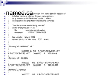 named.ca
 ; This file holds the information on root name servers needed to
 ; initialize cache of Internet domain name servers
 ; (e.g. reference this file in the "cache . <file>"
 ; configuration file of BIND domain name servers).
 ;
 ; This file is made available by InterNIC
 ; under anonymous FTP as
 ; file /domain/named.cache
 ; on server FTP.INTERNIC.NET
 ;
 ; last update: Nov 5, 2002
 ; related version of root zone: 2002110501
 ;
 ;
 ; formerly NS.INTERNIC.NET
 ;
 . 3600000 IN NS A.ROOT-SERVERS.NET.
 A.ROOT-SERVERS.NET. 3600000 A 198.41.0.4
 ;
 ; formerly NS1.ISI.EDU
 ;
 . 3600000 NS B.ROOT-SERVERS.NET.
 B.ROOT-SERVERS.NET. 3600000 A 128.9.0.107
 ;
 ; formerly C.PSI.NET
 ;
 
