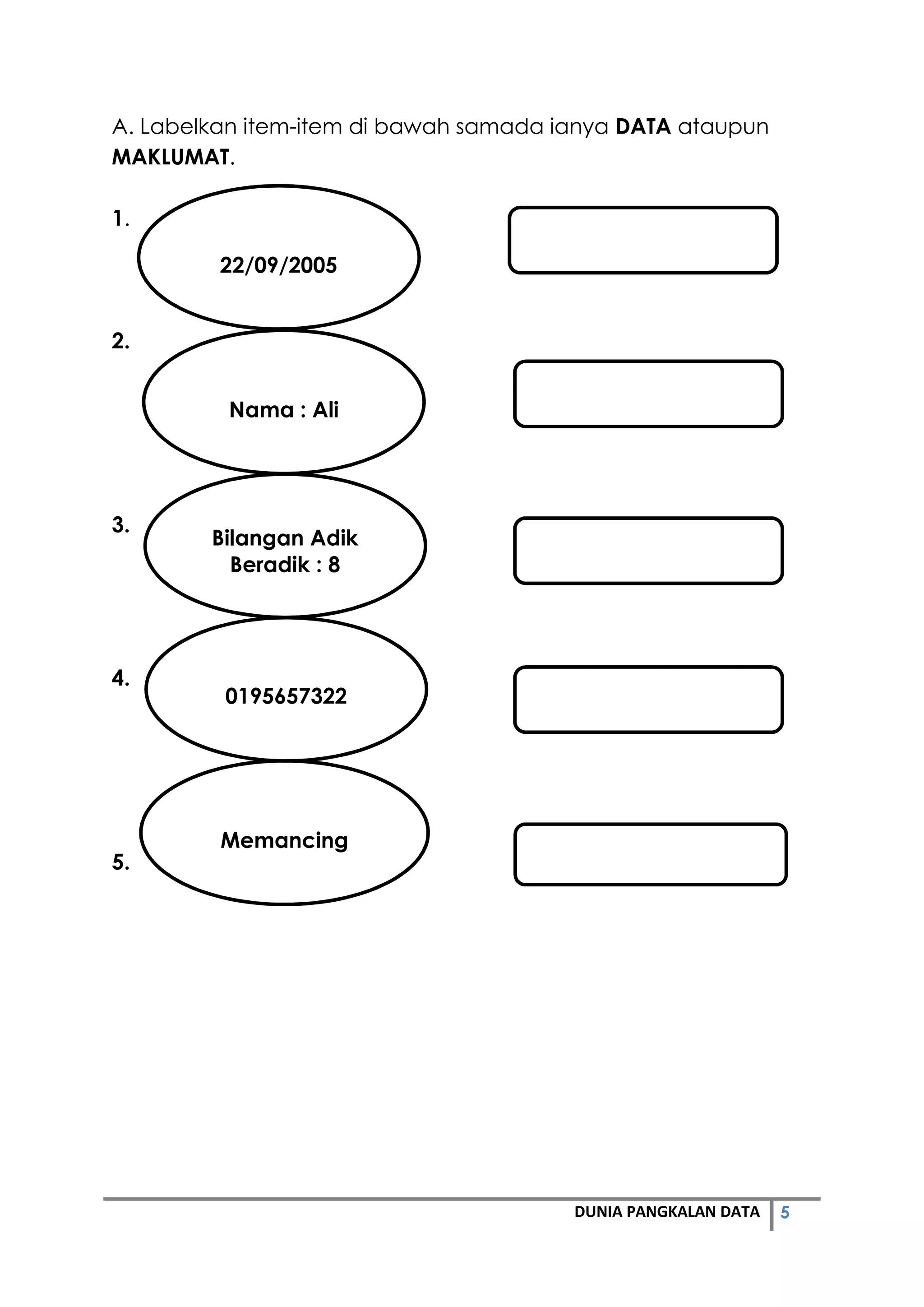 5DUNIA PANGKALAN DATA
A. Labelkan item-item di bawah samada ianya DATA ataupun
MAKLUMAT.
1.
2.
3.
4.
5.
Memancing
22/09/2005
Nama : Ali
Bilangan Adik
Beradik : 8
0195657322
 