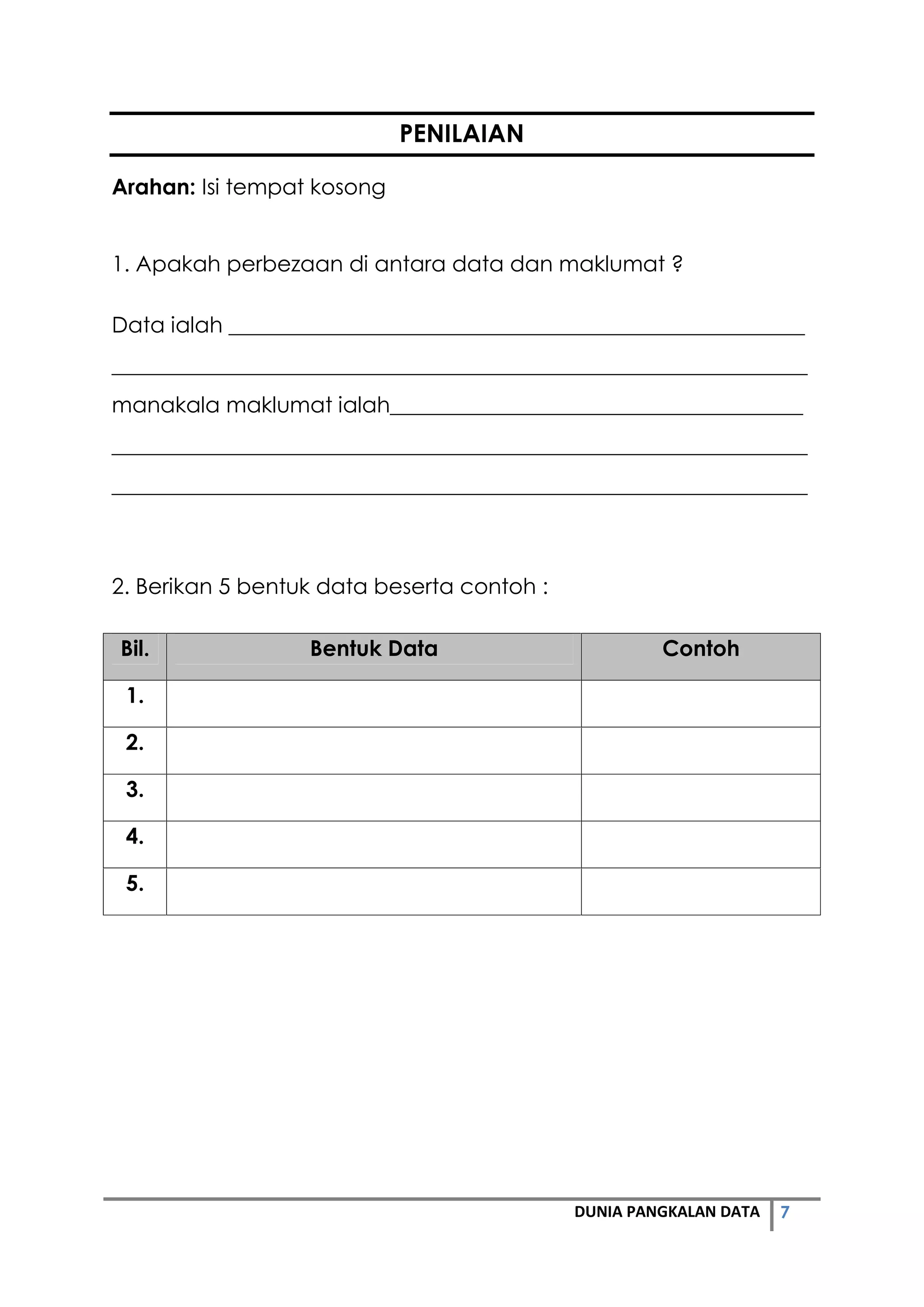 7DUNIA PANGKALAN DATA
PENILAIAN
Arahan: Isi tempat kosong
1. Apakah perbezaan di antara data dan maklumat ?
Data ialah _____________________________________________________
________________________________________________________________
manakala maklumat ialah______________________________________
________________________________________________________________
________________________________________________________________
2. Berikan 5 bentuk data beserta contoh :
Bil. Bentuk Data Contoh
1.
2.
3.
4.
5.
 