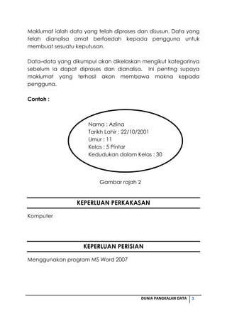 3DUNIA PANGKALAN DATA
Maklumat ialah data yang telah diproses dan disusun. Data yang
telah dianalisa amat berfaedah kepada...