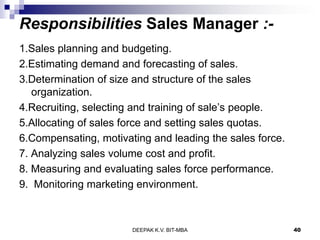 Responsibilities Sales Manager :-
1.Sales planning and budgeting.
2.Estimating demand and forecasting of sales.
3.Determination of size and structure of the sales
organization.
4.Recruiting, selecting and training of sale’s people.
5.Allocating of sales force and setting sales quotas.
6.Compensating, motivating and leading the sales force.
7. Analyzing sales volume cost and profit.
8. Measuring and evaluating sales force performance.
9. Monitoring marketing environment.
DEEPAK K.V. BIT-MBA 40
 