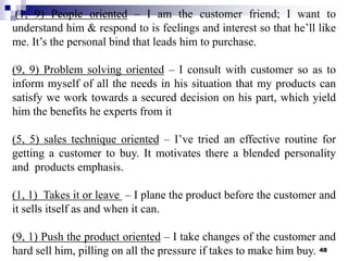 48
(1, 9) People oriented – I am the customer friend; I want to
understand him & respond to is feelings and interest so that he’ll like
me. It’s the personal bind that leads him to purchase.
(9, 9) Problem solving oriented – I consult with customer so as to
inform myself of all the needs in his situation that my products can
satisfy we work towards a secured decision on his part, which yield
him the benefits he experts from it
(5, 5) sales technique oriented – I’ve tried an effective routine for
getting a customer to buy. It motivates there a blended personality
and products emphasis.
(1, 1) Takes it or leave – I plane the product before the customer and
it sells itself as and when it can.
(9, 1) Push the product oriented – I take changes of the customer and
hard sell him, pilling on all the pressure if takes to make him buy.
 