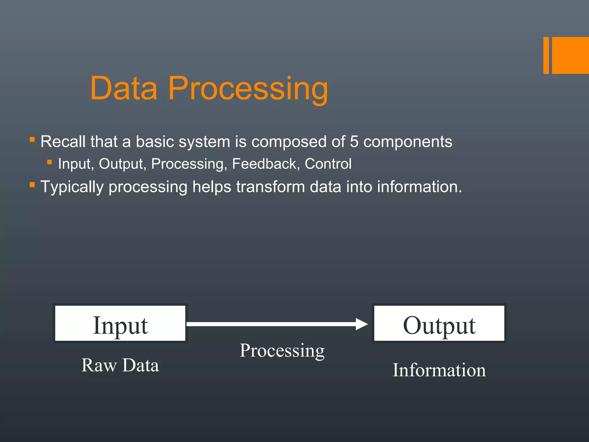 Data Processing
 Recall that a basic system is composed of 5 components
   Input, Output, Processing, Feedback, Control
 Typically processing helps transform data into information.




         Input                                      Output
                               Processing
       Raw Data                                    Information
 
