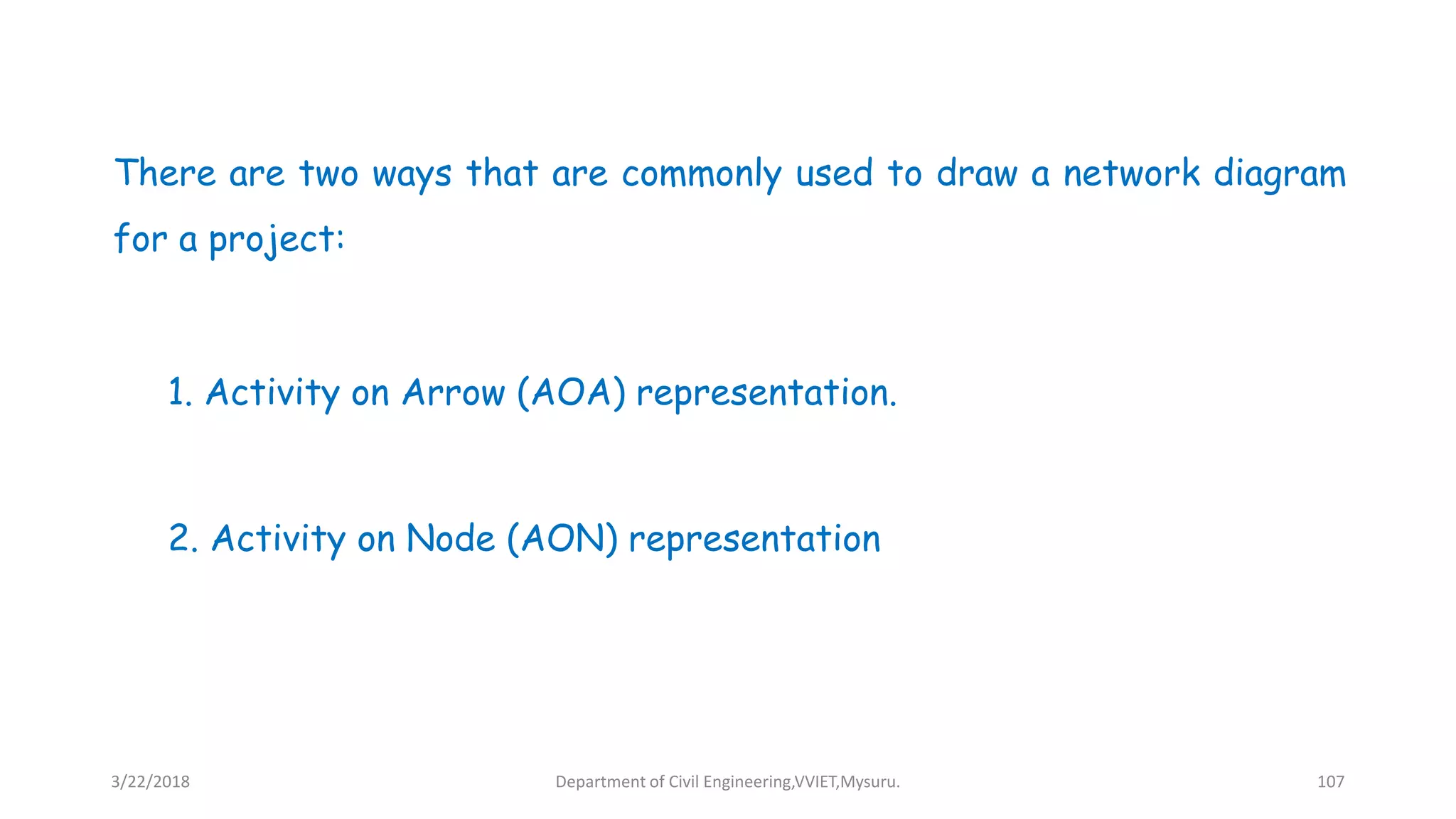 There are two ways that are commonly used to draw a network diagram
for a project:
1. Activity on Arrow (AOA) representation.
2. Activity on Node (AON) representation
3/22/2018 Department of Civil Engineering,VVIET,Mysuru. 107
 