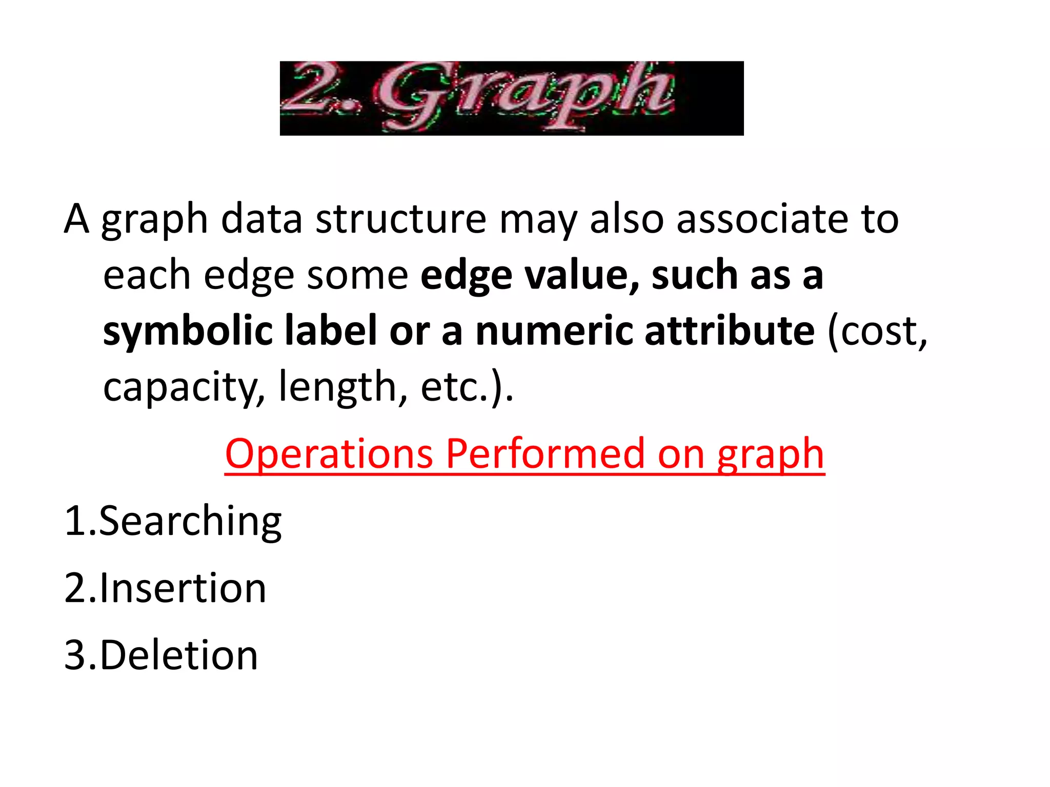 A graph data structure may also associate to
each edge some edge value, such as a
symbolic label or a numeric attribute (cost,
capacity, length, etc.).
Operations Performed on graph
1.Searching
2.Insertion
3.Deletion
 