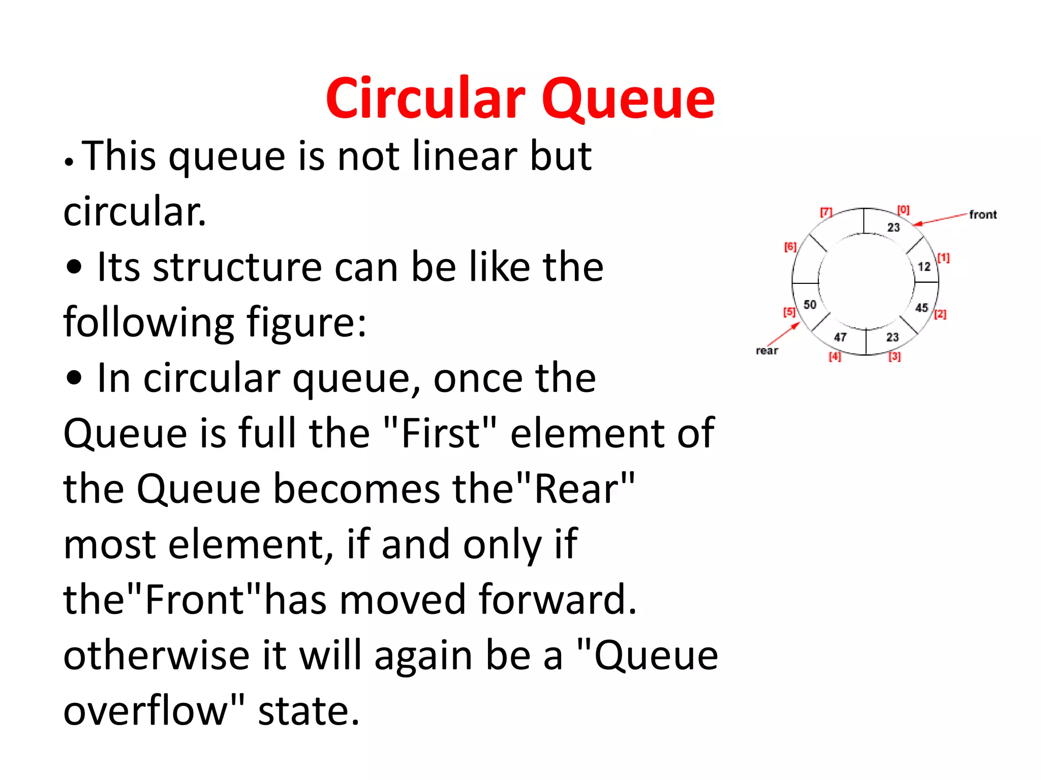 Circular Queue
• This queue is not linear but
circular.
• Its structure can be like the
following figure:
• In circular queue, once the
Queue is full the "First" element of
the Queue becomes the"Rear"
most element, if and only if
the"Front"has moved forward.
otherwise it will again be a "Queue
overflow" state.
 