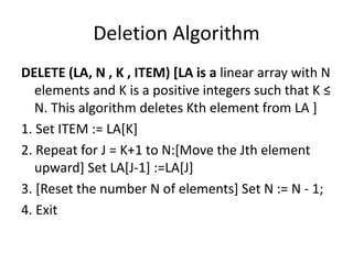 Deletion Algorithm
DELETE (LA, N , K , ITEM) [LA is a linear array with N
elements and K is a positive integers such that K ≤
N. This algorithm deletes Kth element from LA ]
1. Set ITEM := LA[K]
2. Repeat for J = K+1 to N:[Move the Jth element
upward] Set LA[J-1] :=LA[J]
3. [Reset the number N of elements] Set N := N - 1;
4. Exit
 
