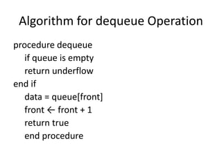 Algorithm for dequeue Operation
procedure dequeue
if queue is empty
return underflow
end if
data = queue[front]
front ← front + 1
return true
end procedure
 