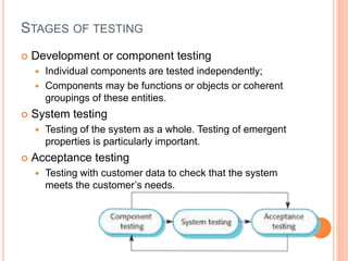 STAGES OF TESTING
 Development or component testing
 Individual components are tested independently;
 Components may be functions or objects or coherent
groupings of these entities.
 System testing
 Testing of the system as a whole. Testing of emergent
properties is particularly important.
 Acceptance testing
 Testing with customer data to check that the system
meets the customer’s needs.
 