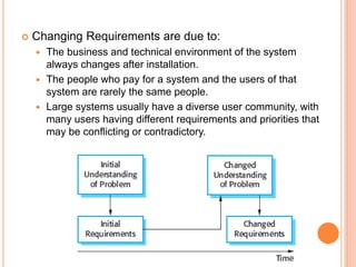  Changing Requirements are due to:
 The business and technical environment of the system
always changes after installation.
 The people who pay for a system and the users of that
system are rarely the same people.
 Large systems usually have a diverse user community, with
many users having different requirements and priorities that
may be conflicting or contradictory.
 