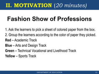 DEPARTMENT OF EDUCATION
II. MOTIVATION (20 minutes)
13
Fashion Show of Professions
1. Ask the learners to pick a sheet of colored paper from the box.
2. Group the learners according to the color of paper they picked.
Red – Academic Track
Blue – Arts and Design Track
Green – Technical Vocational and Livelihood Track
Yellow – Sports Track
 