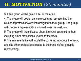 DEPARTMENT OF EDUCATION
II. MOTIVATION (20 minutes)
14
3. Each group will be given a set of materials.
4. The group will design a simple costume representing the
cluster of profession/vocation assigned to their group. The group
will choose a representative who will wear the costume.
5. The group will then discuss about the track assigned to them
including other professions related to the track.
6. The representative will model the costume, introduce the track,
and cite other professions related to the track his/her group is
representing.
 
