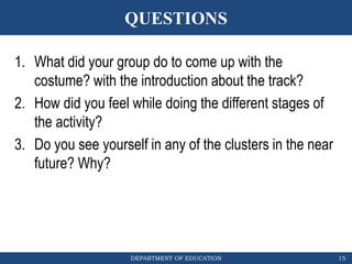 DEPARTMENT OF EDUCATION
QUESTIONS
15
1. What did your group do to come up with the
costume? with the introduction about the track?
2. How did you feel while doing the different stages of
the activity?
3. Do you see yourself in any of the clusters in the near
future? Why?
 
