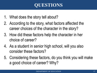 DEPARTMENT OF EDUCATION
QUESTIONS
17
1. What does the story tell about?
2. According to the story, what factors affected the
career choices of the character in the story?
3. How did these factors help the character in her
choice of career?
4. As a student in senior high school, will you also
consider these factors?
5. Considering these factors, do you think you will make
a good choice of career? Why?
 