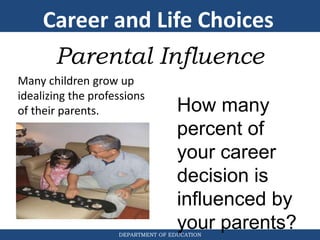 DEPARTMENT OF EDUCATION
Parental Influence
How many
percent of
your career
decision is
influenced by
your parents?
Many children grow up
idealizing the professions
of their parents.
Career and Life Choices
 