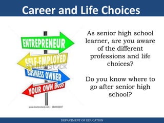 DEPARTMENT OF EDUCATION
As senior high school
learner, are you aware
of the different
professions and life
choices?
Do you know where to
go after senior high
school?
Career and Life Choices
 