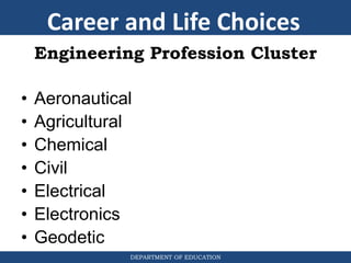 DEPARTMENT OF EDUCATION
Engineering Profession Cluster
• Aeronautical
• Agricultural
• Chemical
• Civil
• Electrical
• Electronics
• Geodetic
Career and Life Choices
 
