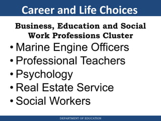 DEPARTMENT OF EDUCATION
Business, Education and Social
Work Professions Cluster
• Marine Engine Officers
• Professional Teachers
• Psychology
• Real Estate Service
• Social Workers
Career and Life Choices
 
