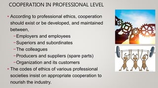 COOPERATION IN PROFESSIONAL LEVEL
• According to professional ethics, cooperation
should exist or be developed, and maintained
between,
−Employers and employees
−Superiors and subordinates
−The colleagues
−Producers and suppliers (spare parts)
−Organization and its customers
• The codes of ethics of various professional
societies insist on appropriate cooperation to
nourish the industry.
 