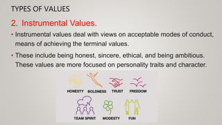 TYPES OF VALUES
• Instrumental values deal with views on acceptable modes of conduct,
means of achieving the terminal values.
• These include being honest, sincere, ethical, and being ambitious.
These values are more focused on personality traits and character.
2. Instrumental Values.
 