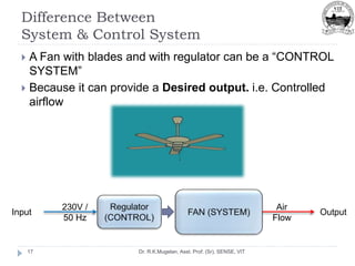 Difference Between
System & Control System
Dr. R.K.Mugelan, Asst. Prof. (Sr), SENSE, VIT
17
 A Fan with blades and with regulator can be a “CONTROL
SYSTEM”
 Because it can provide a Desired output. i.e. Controlled
airflow
230V /
50 Hz
Input
Air
Flow
Output
 