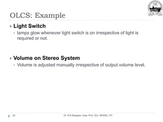 OLCS: Example
Dr. R.K.Mugelan, Asst. Prof. (Sr), SENSE, VIT
24
 Light Switch
 lamps glow whenever light switch is on irrespective of light is
required or not.
 Volume on Stereo System
 Volume is adjusted manually irrespective of output volume level.
 