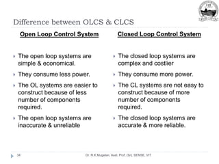 Difference between OLCS & CLCS
Dr. R.K.Mugelan, Asst. Prof. (Sr), SENSE, VIT
34
Open Loop Control System
 The open loop systems are
simple & economical.
 They consume less power.
 The OL systems are easier to
construct because of less
number of components
required.
 The open loop systems are
inaccurate & unreliable
Closed Loop Control System
 The closed loop systems are
complex and costlier
 They consume more power.
 The CL systems are not easy to
construct because of more
number of components
required.
 The closed loop systems are
accurate & more reliable.
 