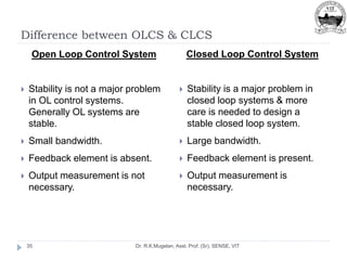 Difference between OLCS & CLCS
Dr. R.K.Mugelan, Asst. Prof. (Sr), SENSE, VIT
35
Open Loop Control System
 Stability is not a major problem
in OL control systems.
Generally OL systems are
stable.
 Small bandwidth.
 Feedback element is absent.
 Output measurement is not
necessary.
Closed Loop Control System
 Stability is a major problem in
closed loop systems & more
care is needed to design a
stable closed loop system.
 Large bandwidth.
 Feedback element is present.
 Output measurement is
necessary.
 