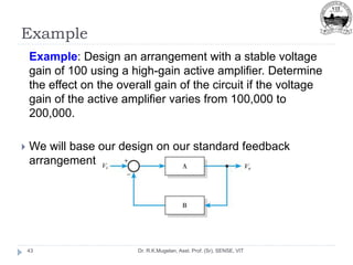 Example
Dr. R.K.Mugelan, Asst. Prof. (Sr), SENSE, VIT
43
Example: Design an arrangement with a stable voltage
gain of 100 using a high-gain active amplifier. Determine
the effect on the overall gain of the circuit if the voltage
gain of the active amplifier varies from 100,000 to
200,000.
 We will base our design on our standard feedback
arrangement
 