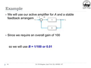 Example
Dr. R.K.Mugelan, Asst. Prof. (Sr), SENSE, VIT
44
 We will use our active amplifier for A and a stable
feedback arrangement for B
 Since we require an overall gain of 100
so we will use B = 1/100 or 0.01
 
