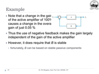 Example
Dr. R.K.Mugelan, Asst. Prof. (Sr), SENSE, VIT
47
 Note that a change in the gain
of the active amplifier of 100%
causes a change in the overall
gain of just 0.05 %
 Thus the use of negative feedback makes the gain largely
independent of the gain of the active amplifier
 However, it does require that B is stable
 fortunately, B can be based on stable passive components
 