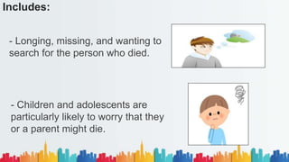 Includes:
- Longing, missing, and wanting to
search for the person who died.
- Children and adolescents are
particularly likely to worry that they
or a parent might die.
 