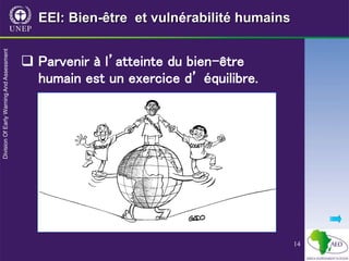 14
EEI: Bien-être et vulnérabilité humains
 Parvenir à l’atteinte du bien-être
humain est un exercice d’ équilibre.
 