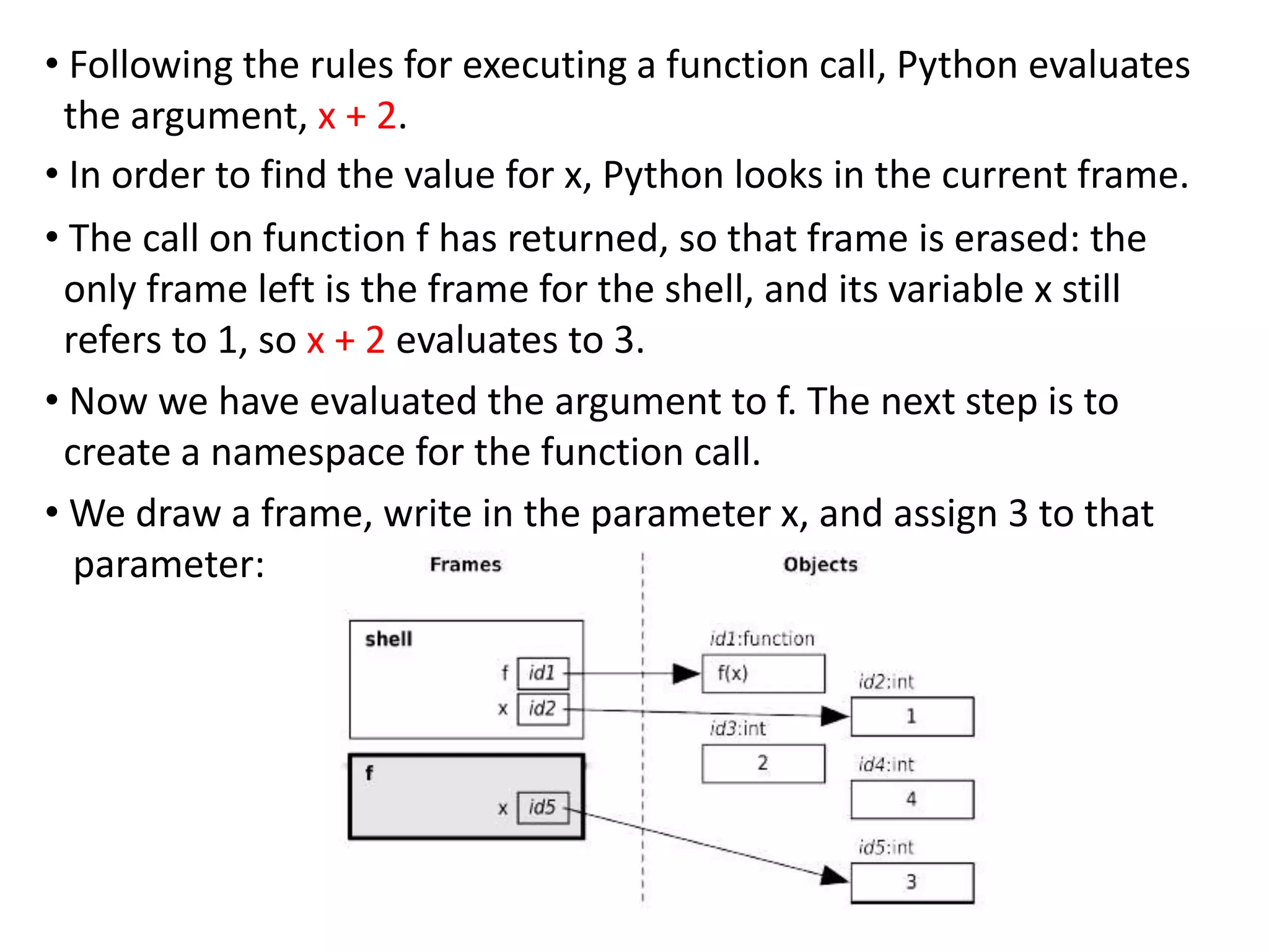 • Following the rules for executing a function call, Python evaluates
the argument, x + 2.
• In order to find the value for x, Python looks in the current frame.
• The call on function f has returned, so that frame is erased: the
only frame left is the frame for the shell, and its variable x still
refers to 1, so x + 2 evaluates to 3.
• Now we have evaluated the argument to f. The next step is to
create a namespace for the function call.
• We draw a frame, write in the parameter x, and assign 3 to that
parameter:
 