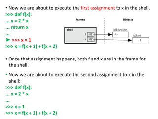 • Now we are about to execute the first assignment to x in the shell.
>>> def f(x):
... x = 2 * x
... return x
...
➤ >>> x = 1
>>> x = f(x + 1) + f(x + 2)
• Once that assignment happens, both f and x are in the frame for
the shell.
• Now we are about to execute the second assignment to x in the
shell:
>>> def f(x):
... x = 2 * x
...
>>> x = 1
>>> x = f(x + 1) + f(x + 2)
 