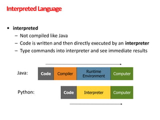 InterpretedLanguage
• interpreted
– Not compiled like Java
– Code is written and then directly executed by an interpreter
– Type commands into interpreter and see immediate results
Code Compiler
Runtime
Environment
Computer
Code Interpreter Computer
Java:
Python:
 