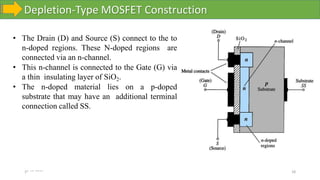 Depletion-Type MOSFET Construction
10-10-2023 18
• The Drain (D) and Source (S) connect to the to
n-doped regions. These N-doped regions are
connected via an n-channel.
• This n-channel is connected to the Gate (G) via
a thin insulating layer of SiO2.
• The n-doped material lies on a p-doped
substrate that may have an additional terminal
connection called SS.
 