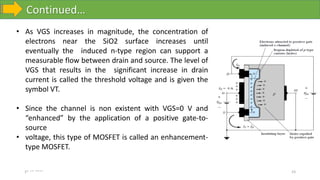 Continued…
10-10-2023 23
• As VGS increases in magnitude, the concentration of
electrons near the SiO2 surface increases until
eventually the induced n-type region can support a
measurable flow between drain and source. The level of
VGS that results in the significant increase in drain
current is called the threshold voltage and is given the
symbol VT.
• Since the channel is non existent with VGS=0 V and
“enhanced” by the application of a positive gate-to-
source
• voltage, this type of MOSFET is called an enhancement-
type MOSFET.
 