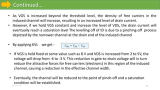Continued…
10-10-2023 24
• As VGS is increased beyond the threshold level, the density of free carriers in the
induced channel will increase, resulting in an increased level of drain current.
• However, if we hold VGS constant and increase the level of VDS, the drain current will
eventually reach a saturation level The levelling off of ID is due to a pinching-off process
depicted by the narrower channel at the drain end of the induced channel
• By applying KVL we get -
• If VGS is held fixed at some value such as 8 V and VDS is increased from 2 to 5V, the
voltage will drop from -6 to -3 V. This reduction in gate-to-drain voltage will in turn
reduce the attractive forces for free carriers (electrons) in this region of the induced
channel, causing a reduction in the effective channel width.
• Eventually, the channel will be reduced to the point of pinch-off and a saturation
condition will be established.
 