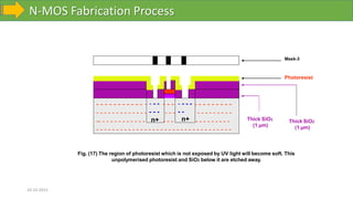 N-MOS Fabrication Process
10-10-2023
Fig. (17) The region of photoresist which is not exposed by UV light will become soft. This
unpolymerised photoresist and SiO2 below it are etched away.
- - - - - - - - - - - - - - - - - - - -
- - - -
- - - -
- - - -
- - - -
- - - - -
- - - - -
- - - - - - - - -
- - - - - - - - -
- - - - - - - - - - - - - - - - - - - - - - - - - - - - - - - - - -
Thick SiO2
(1 µm)
- - - - - -
- - - - - - - - - - - - - - - - - - -
-- - - - - - - - - - - - n+ - - -
- - - -
- -
n+ Thick SiO2
(1 µm)
Mask-3
Photoresist
 
