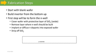 Fabrication Steps
10-10-2023
• Start with blank wafer
• Build inverter from the bottom up
• First step will be to form the n-well
• Cover wafer with protective layer of SiO2 (oxide)
• Remove layer where n-well should be built
• Implant or diffuse n dopants into exposed wafer
• Strip off SiO2
p substrate
 