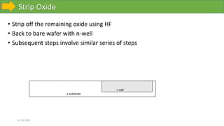 Strip Oxide
10-10-2023
• Strip off the remaining oxide using HF
• Back to bare wafer with n-well
• Subsequent steps involve similar series of steps
p substrate
n well
 