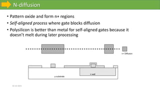 N-diffusion
10-10-2023
• Pattern oxide and form n+ regions
• Self-aligned process where gate blocks diffusion
• Polysilicon is better than metal for self-aligned gates because it
doesn’t melt during later processing
p substrate
n well
n+ Diffusion
 