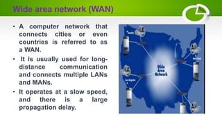 Wide area network (WAN)
• A computer network that
connects cities or even
countries is referred to as
a WAN.
• It is usually used for long-
distance communication
and connects multiple LANs
and MANs.
• It operates at a slow speed,
and there is a large
propagation delay.
 